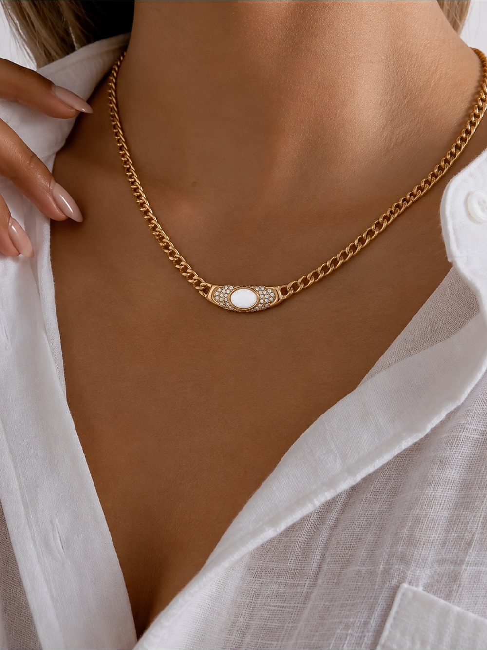 18K Gold Plated White Stone & Cubic Zirconia Pendant Necklace